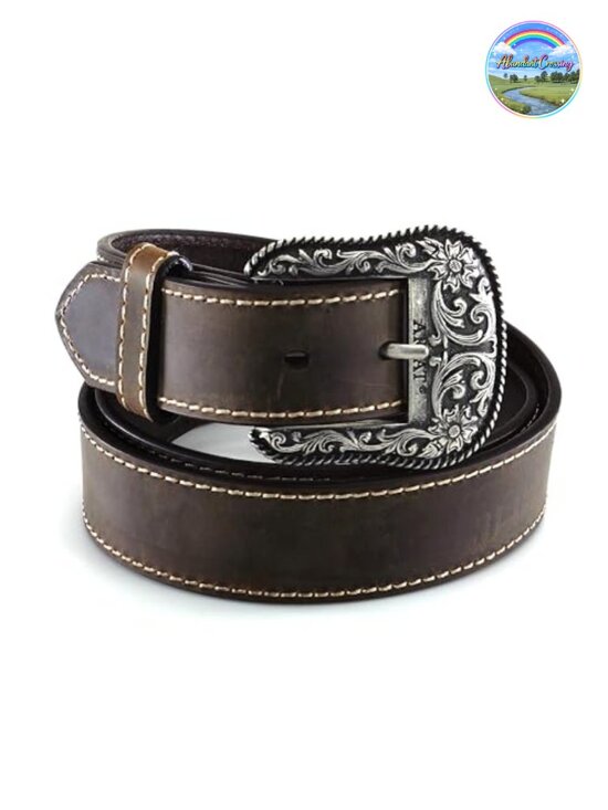 Genuine Leather Western Belt with Heavy Stitch and Floral Buckle main image 4